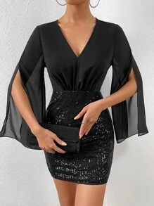 Rafferiza Split Sleeve Sequin Decor Bodycon Dress For Holiday Party Clothes - Black - View 2