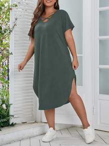 SHEIN LUNE Plus Criss Cross Front Curved Hem Tee Dress - Green - View 1