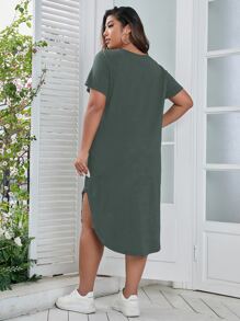 SHEIN LUNE Plus Criss Cross Front Curved Hem Tee Dress - Green - View 2