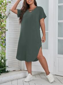SHEIN LUNE Plus Criss Cross Front Curved Hem Tee Dress - Green - View 4
