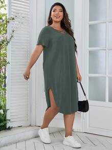 SHEIN LUNE Plus Criss Cross Front Curved Hem Tee Dress - Green - View 5