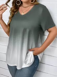 SHEIN LUNE Camiseta de ombré de cuello V - Gris - Ver 1