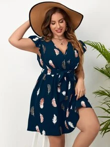 SHEIN Clasi Plus Size Boho Feather Print Butterfly Sleeve Belted Dress, For Summer - Navy Blue - View 1