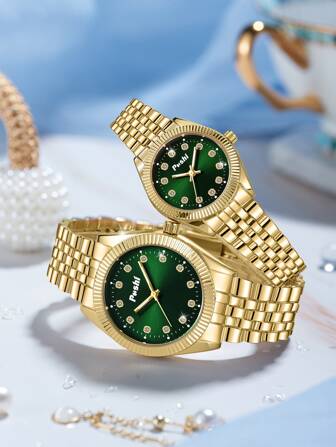 Poshi 2 piezas Relojes de cuarzo a juego para parejas con correa de acero inoxidable y marcas de cristales, estilo casual