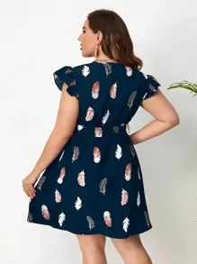 SHEIN Clasi Plus Size Boho Feather Print Butterfly Sleeve Belted Dress, For Summer - Navy Blue - View 2