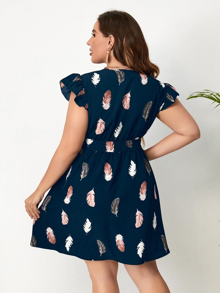 Plus Size Boho Feather Print Butterfly Sleeve Belted Dress, For Summer