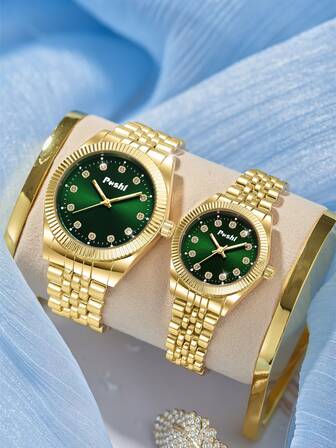 Poshi 2pcs Stainless Steel Strap Couple Quartz Watches With Rhinestone Markings, Casual Style
