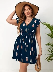 SHEIN Clasi Plus Size Boho Feather Print Butterfly Sleeve Belted Dress, For Summer - Navy Blue - View 4