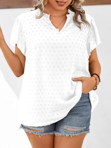 SHEIN LUNE Plus Swiss Dot Notched Neckline Butterfly Sleeve Blouse - White - View 1