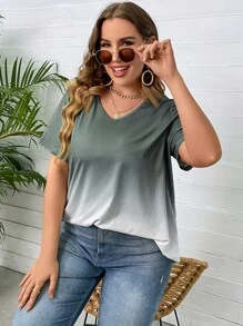 SHEIN LUNE Camiseta de ombré de cuello V - Gris - Ver 4