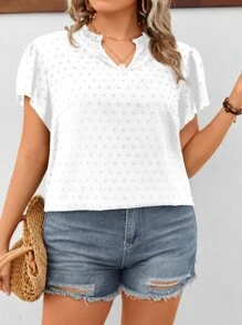 SHEIN LUNE Plus Swiss Dot Notched Neckline Butterfly Sleeve Blouse - White - View 3