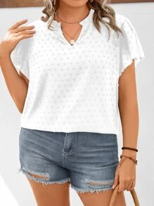 SHEIN LUNE Plus Swiss Dot Notched Neckline Butterfly Sleeve Blouse - White - View 4