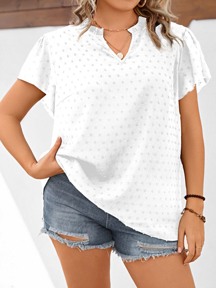 SHEIN LUNE Plus Swiss Dot Notched Neckline Butterfly Sleeve Blouse - White - View 5