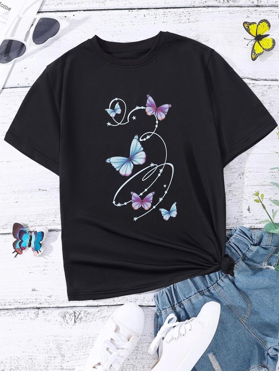 Chicas Camiseta con estampado de mariposa - Negro - Ver 1
