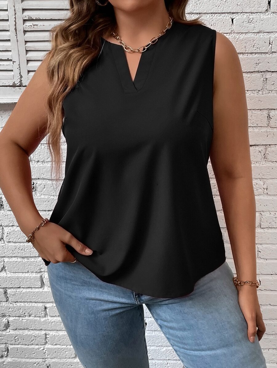 SHEIN LUNE Plus Notched Neckline Sleeveless Blouse - Black - View 1