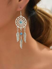 2pcs/set Hollow Out Feather Drop Earrings - Multicolor - View 1
