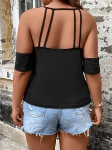 SHEIN LUNE 大碼挖肩鏤空T恤 - 黑色 - 查看 2