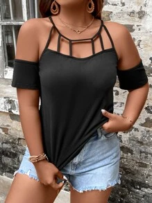 SHEIN LUNE 大碼挖肩鏤空T恤 - 黑色 - 查看 1