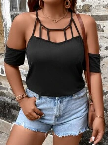 SHEIN LUNE 大碼挖肩鏤空T恤 - 黑色 - 查看 4