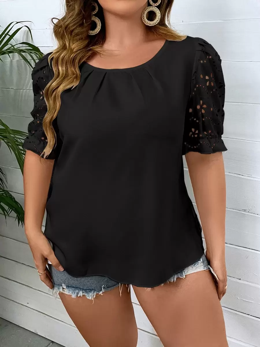 SHEIN Clasi Plus Eyelet Embroidery Puff Sleeve Blouse - Black - View 1