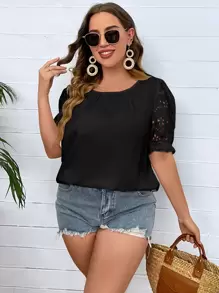 SHEIN Clasi Plus Eyelet Embroidery Puff Sleeve Blouse - Black - View 4