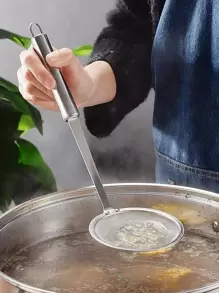 1入組帶手柄不銹鋼濾網廚房用銀色漏勺