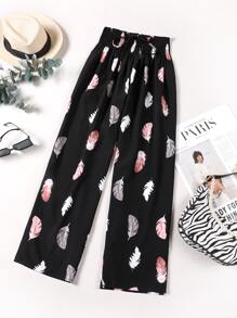 SHEIN LUNE 大碼羽毛印花紙袋腰闊腿褲 - 黑色 - 查看 1