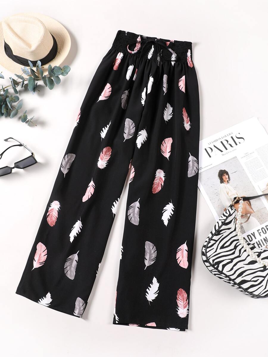 SHEIN LUNE 大碼羽毛印花紙袋腰闊腿褲 - 黑色 - 查看 1