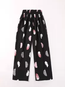 SHEIN LUNE 大碼羽毛印花紙袋腰闊腿褲 - 黑色 - 查看 2