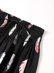 SHEIN LUNE 大碼羽毛印花紙袋腰闊腿褲 - 黑色 - 查看 3