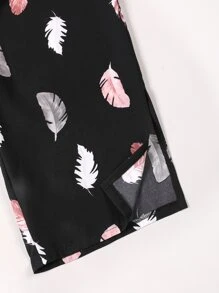 SHEIN LUNE 大碼羽毛印花紙袋腰闊腿褲 - 黑色 - 查看 4