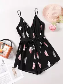 SHEIN Clasi 大碼圖案印花腰帶吊帶連體短褲 - 黑色 - 查看 1