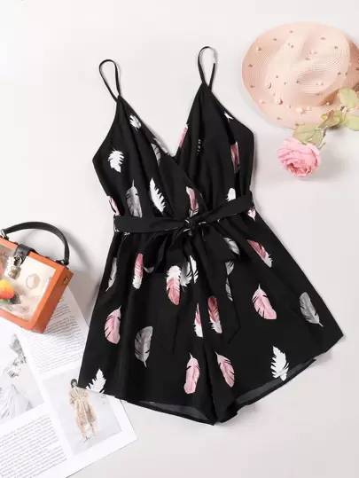 SHEIN Clasi 大碼圖案印花腰帶吊帶連體短褲