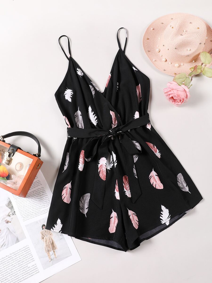 SHEIN Clasi 大碼圖案印花腰帶吊帶連體短褲 - 黑色 - 查看 1