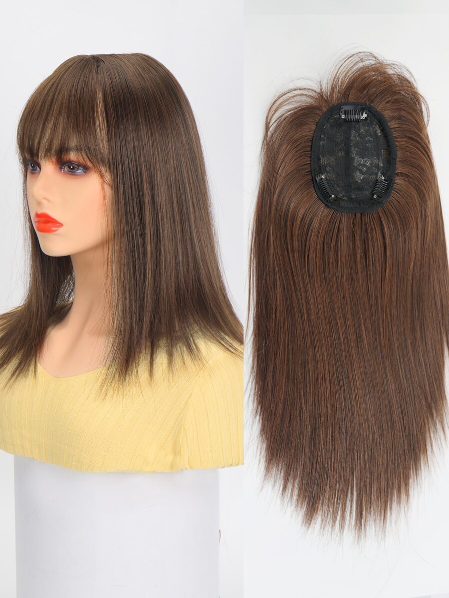 Peluca sintética reemplazo de bloque recto color marrón claro con flequillo para aumentar la cantidad de cabello en la parte superior de la cabeza y cubrir las canas