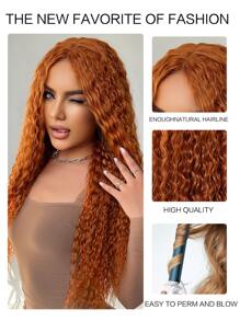 橘色中長捲髮t型蕾絲化纖髮日常度假度假+進口絲13*6*1 - 橘色 - 查看 8