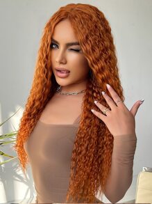 橘色中長捲髮t型蕾絲化纖髮日常度假度假+進口絲13*6*1 - 橘色 - 查看 4