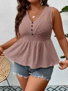 SHEIN LUNE Áo hai dây Plus Size Tương phản ren Viên lá sen Nút phía trước Tranh thêu màu trơn Giải trí - Bụi hồng - Xem 3