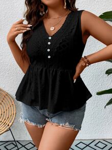 SHEIN LUNE Plus Contrast Lace Peplum Tank Top - Black - View 5