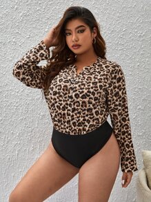 SHEIN Privé 大碼豹紋印花缺口領連體衣 - 彩色 - 查看 4