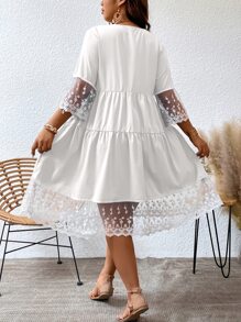 Breezaya Plus Contrast Embroidery Mesh Ruffle Hem Smock Dress - White - View 2