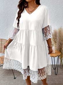 Breezaya Plus Contrast Embroidery Mesh Ruffle Hem Smock Dress - White - View 4