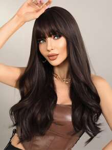 Long Body Wave Synthetic Wig With Bangs - Black - View 1