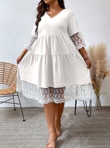 Breezaya Plus Contrast Embroidery Mesh Ruffle Hem Smock Dress - White - View 6