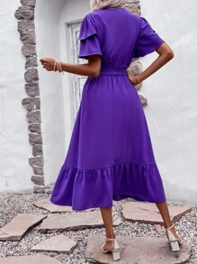 SHEIN VCAY Vestido de cuello cruzado de manga mariposa bajo con fruncido - Morado - Ver 2
