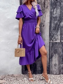 SHEIN VCAY Vestido de cuello cruzado de manga mariposa bajo con fruncido - Morado - Ver 3