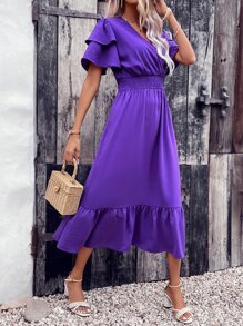 SHEIN VCAY Vestido de cuello cruzado de manga mariposa bajo con fruncido - Morado - Ver 6