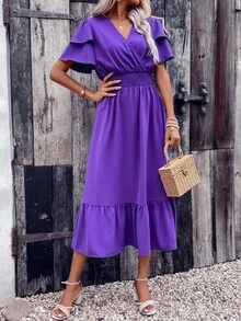 SHEIN VCAY Vestido de cuello cruzado de manga mariposa bajo con fruncido - Morado - Ver 7