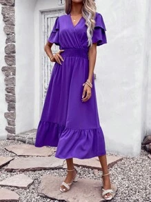SHEIN VCAY Vestido de cuello cruzado de manga mariposa bajo con fruncido - Morado - Ver 8