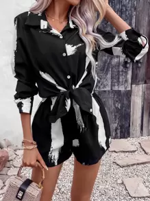 SHEIN LUNE Brush Print Button Front Shirt & Shorts - Black - View 1